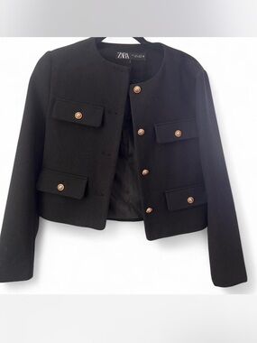 Zara Black Cropped Collarless Blazer with Gold Buttons Size S